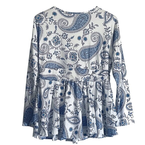 Plus Size V-Neck Banded Waist Layered Promenade Boho Blue Paisley Floral Top - Picture 2 of 8